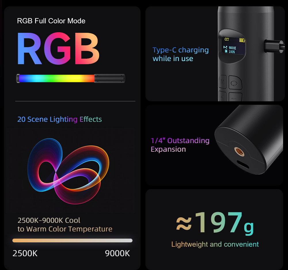 LUXCEO P300 RGB Tube 5W 380LM  - đánh giá và giá Torjim Rgb Photography Video Lighting