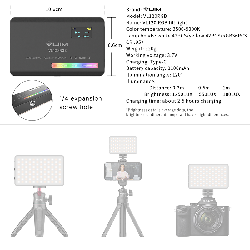 Ulanzi VL120 RGB Camera Video  - đánh giá và giá Torjim Rgb Photography Video Lighting